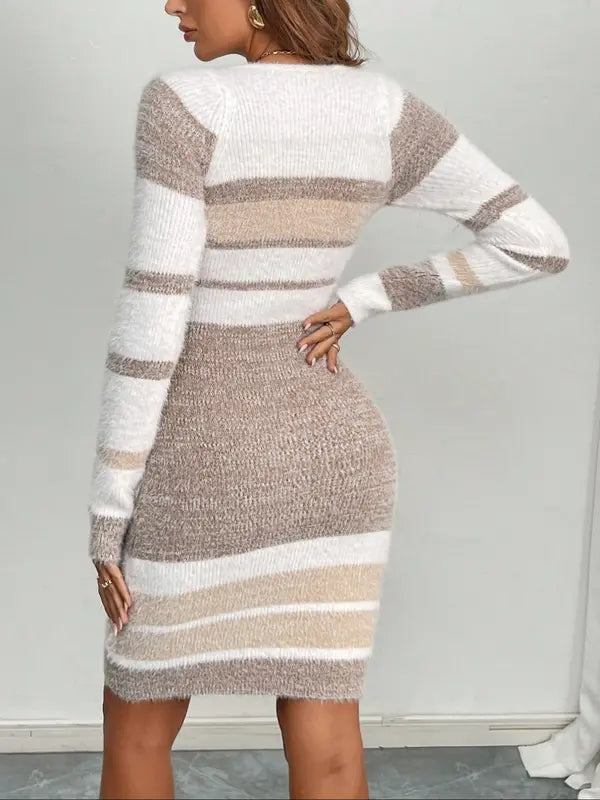 Elegant Faux Fur Striped Colorblock Knit Sweater Dress