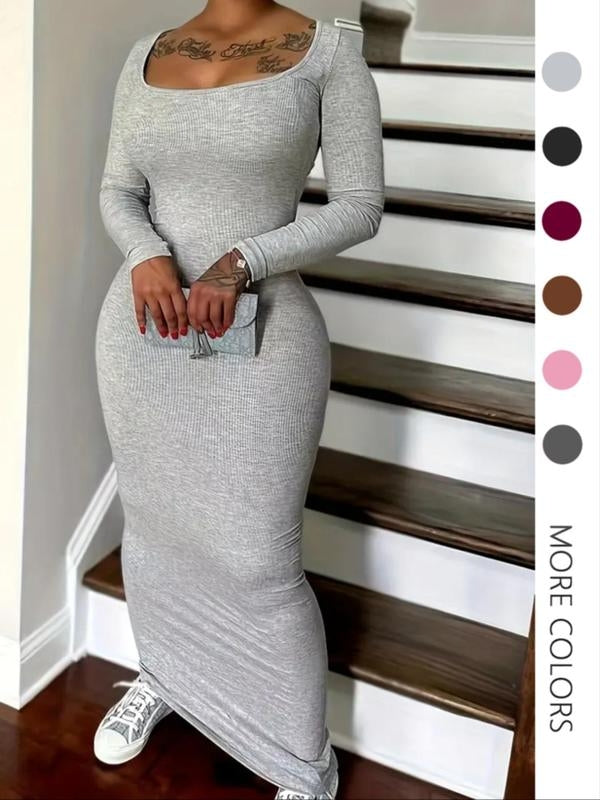 Women's Solid Scoop Neck Ribbed Bodycon Dress