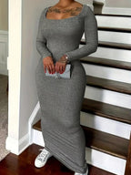 Women's Solid Scoop Neck Ribbed Bodycon Dress