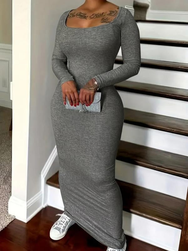 Women's Solid Scoop Neck Ribbed Bodycon Dress