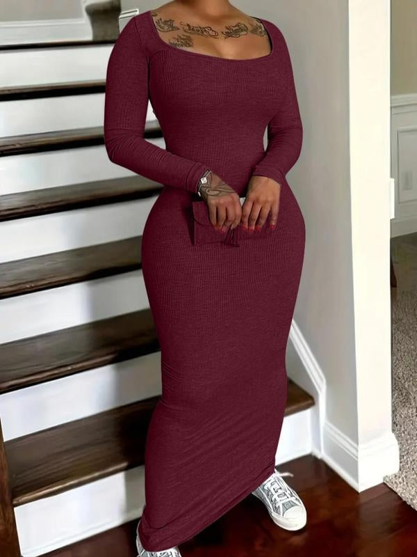 Women's Solid Scoop Neck Ribbed Bodycon Dress