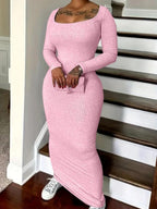 Women's Solid Scoop Neck Ribbed Bodycon Dress
