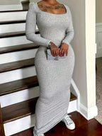 Women's Solid Scoop Neck Ribbed Bodycon Dress