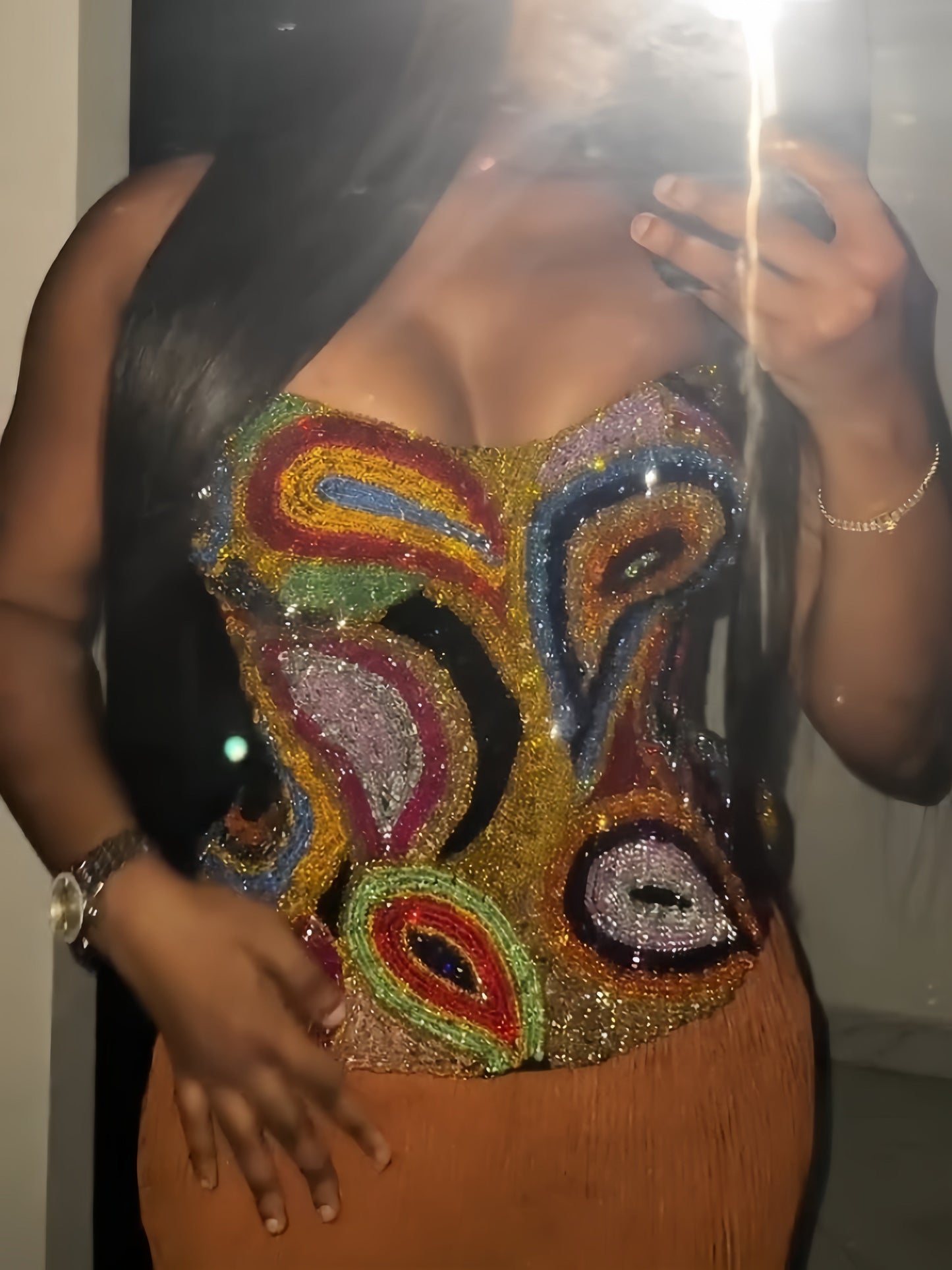 Beaded Abstract Print Bustier Top