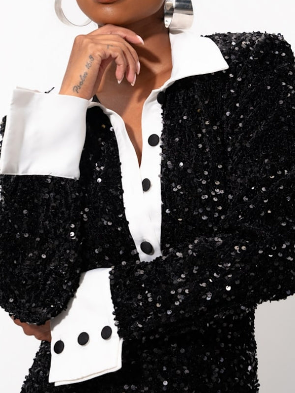 Contrast Sequin-Embellished Dress