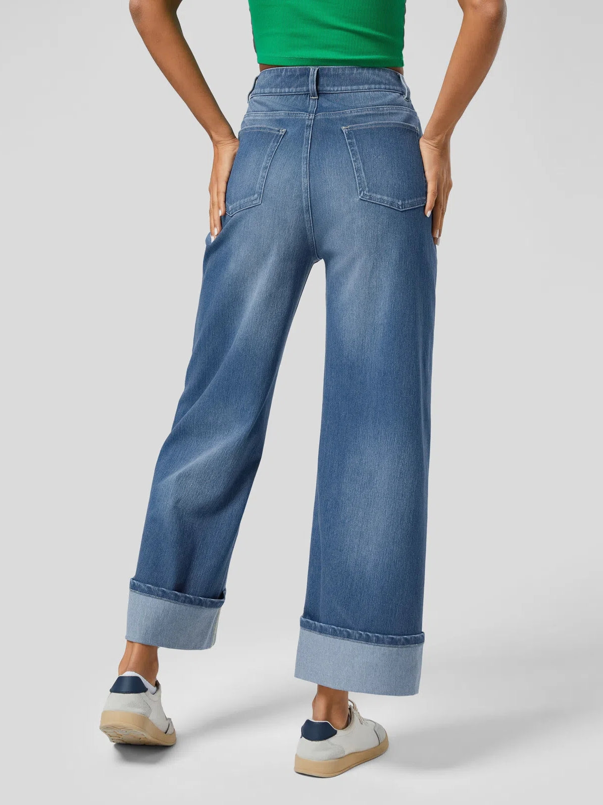 High Waisted Pockets Rolled Hem Wide Leg Washed Casual Jeans