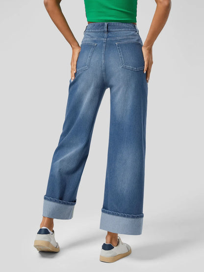 High Waisted Pockets Rolled Hem Wide Leg Washed Casual Jeans