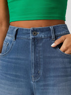High Waisted Pockets Rolled Hem Wide Leg Washed Casual Jeans
