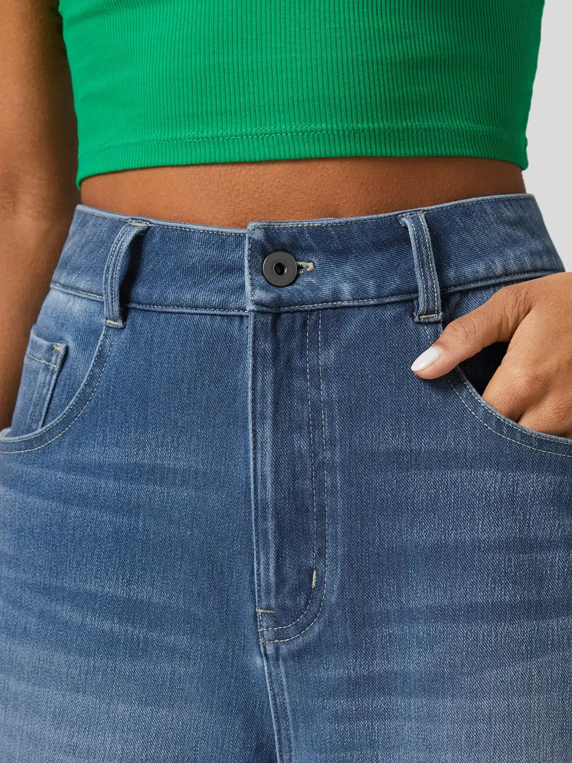 High Waisted Pockets Rolled Hem Wide Leg Washed Casual Jeans