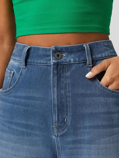 High Waisted Pockets Rolled Hem Wide Leg Washed Casual Jeans