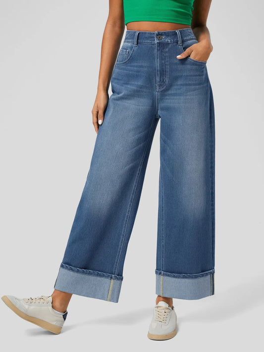 High Waisted Pockets Rolled Hem Wide Leg Washed Casual Jeans