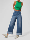 High Waisted Pockets Rolled Hem Wide Leg Washed Casual Jeans