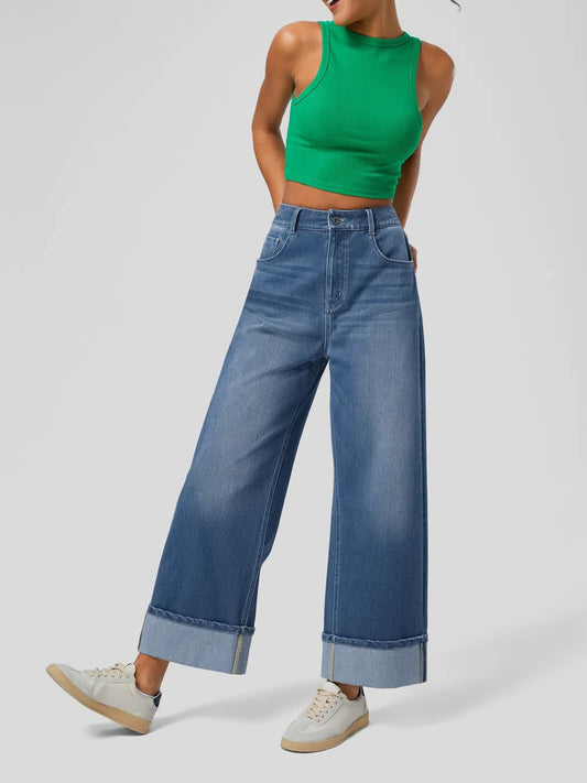 High Waisted Pockets Rolled Hem Wide Leg Washed Casual Jeans