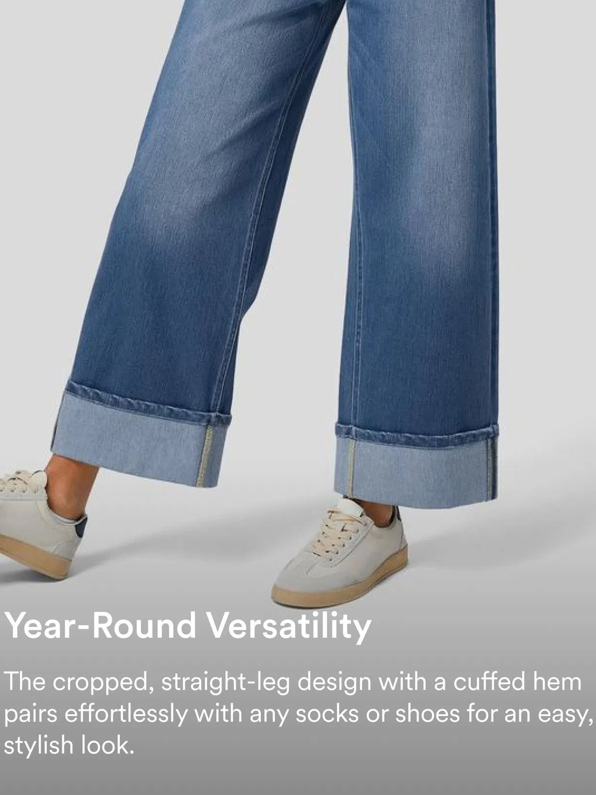 High Waisted Pockets Rolled Hem Wide Leg Washed Casual Jeans