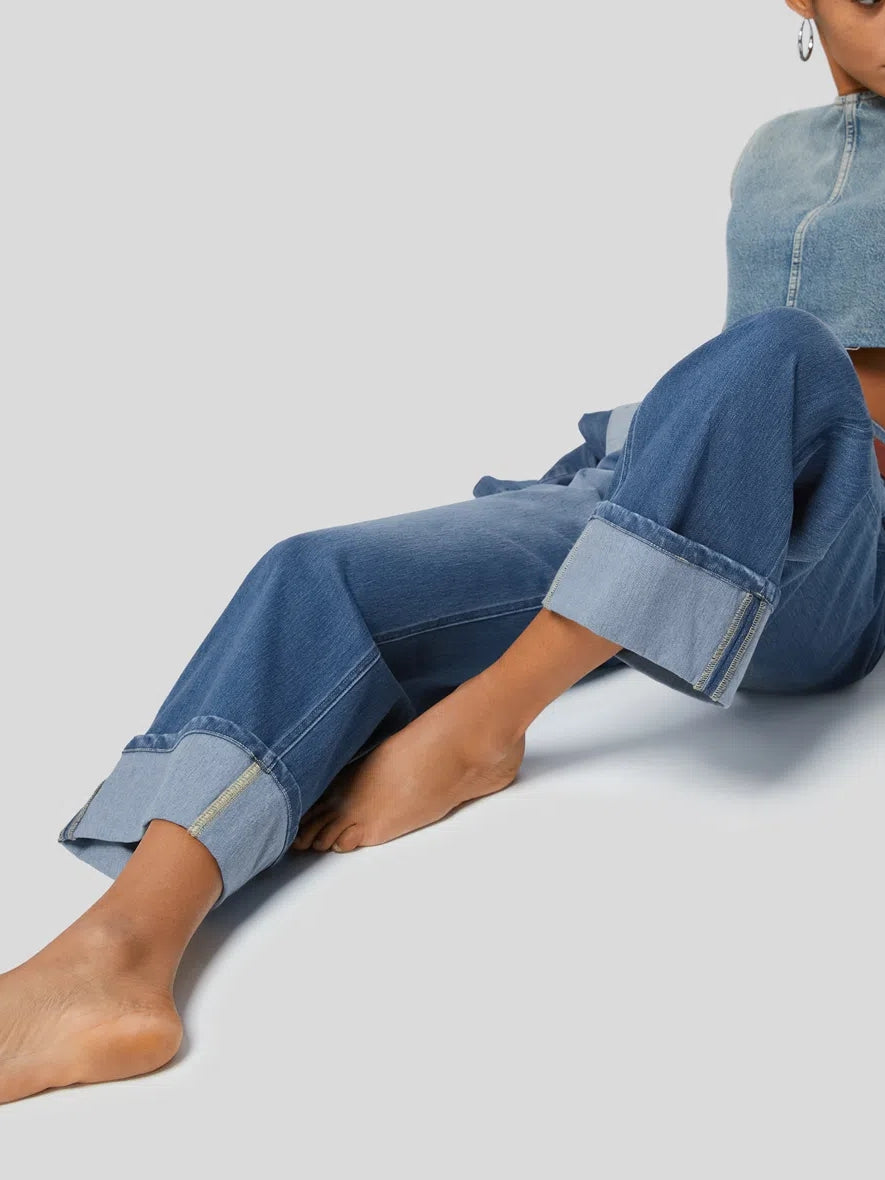 High Waisted Pockets Rolled Hem Wide Leg Washed Casual Jeans