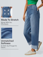 High Waisted Pockets Rolled Hem Wide Leg Washed Casual Jeans