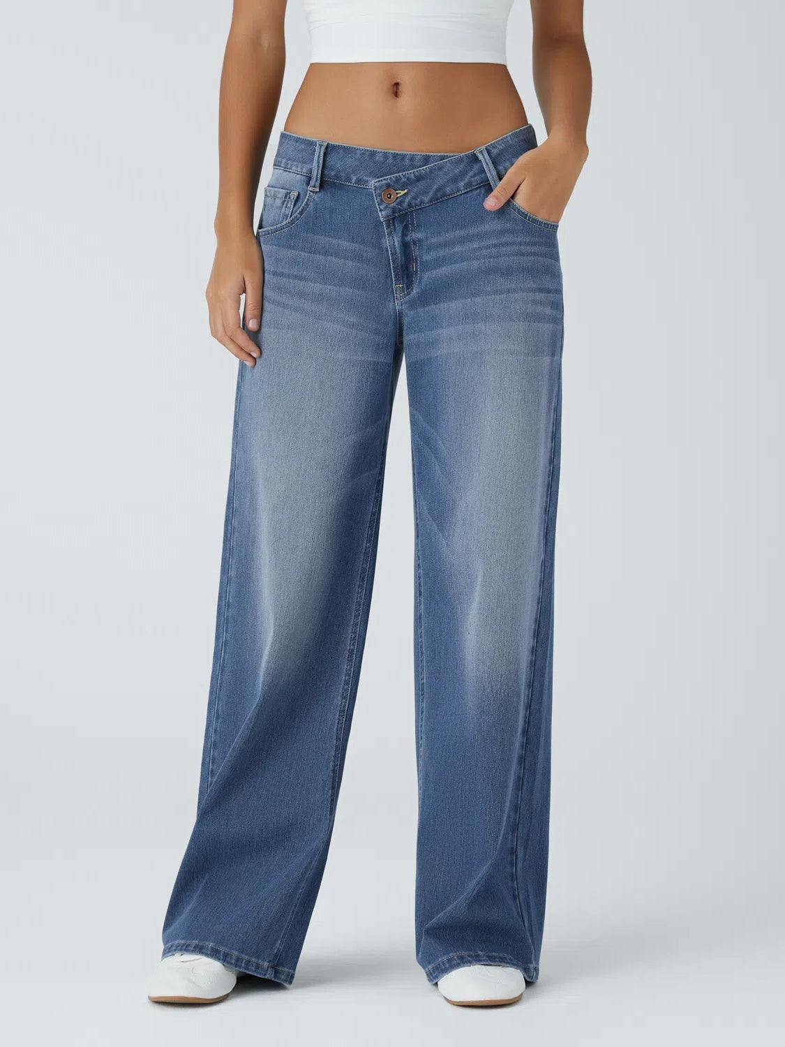 High Waisted Pockets Rolled Hem Wide Leg Washed Casual Jeans