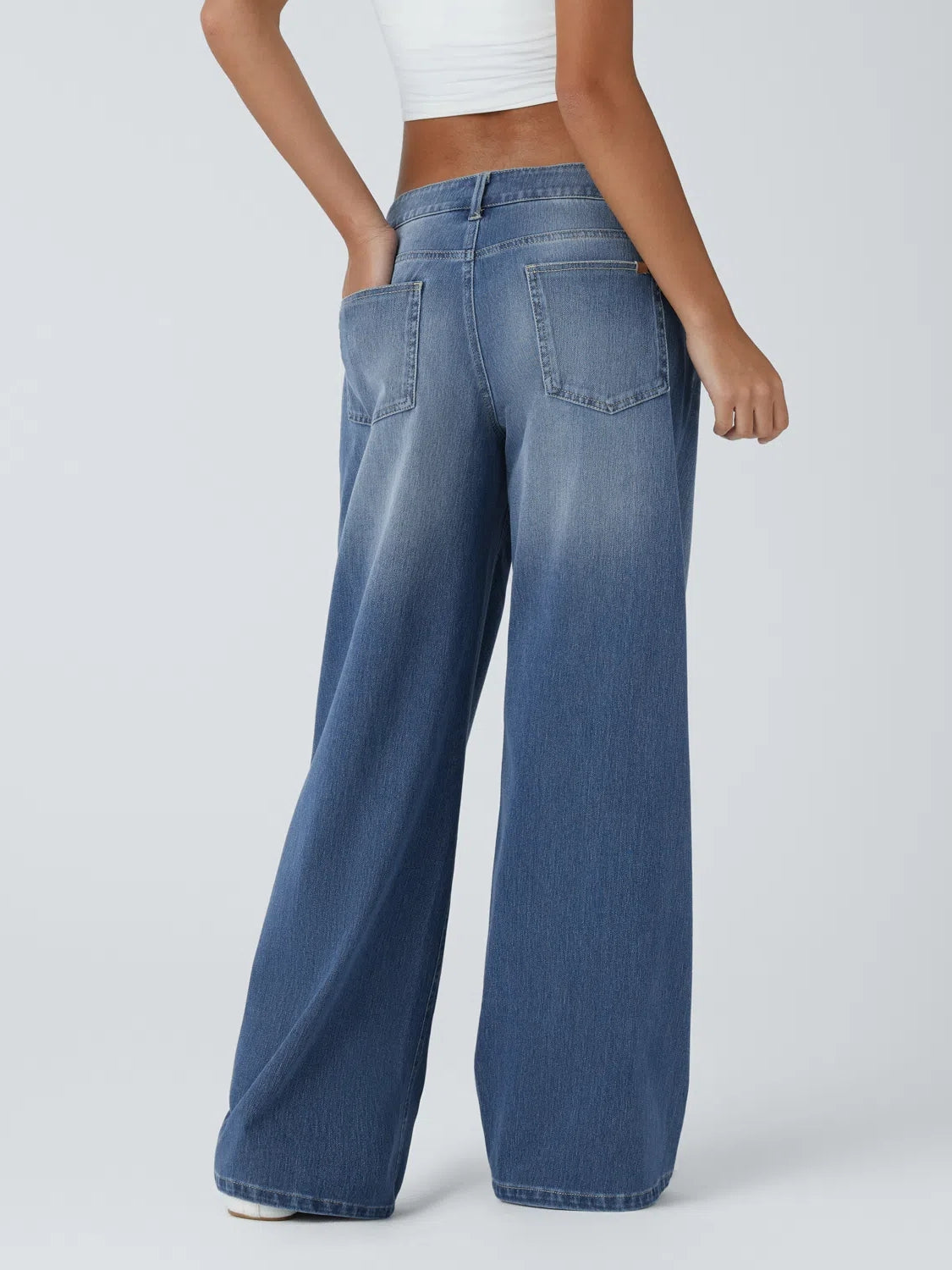 High Waisted Pockets Rolled Hem Wide Leg Washed Casual Jeans