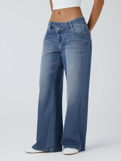 High Waisted Pockets Rolled Hem Wide Leg Washed Casual Jeans