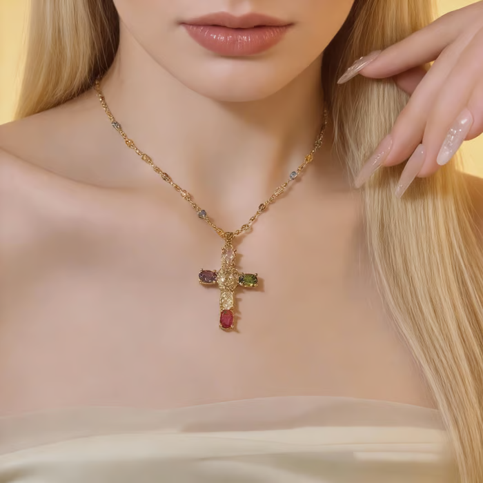 Rainbow Cross Pendant Necklace