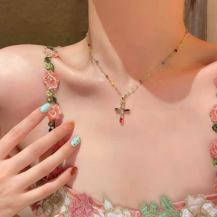 Rainbow Cross Pendant Necklace
