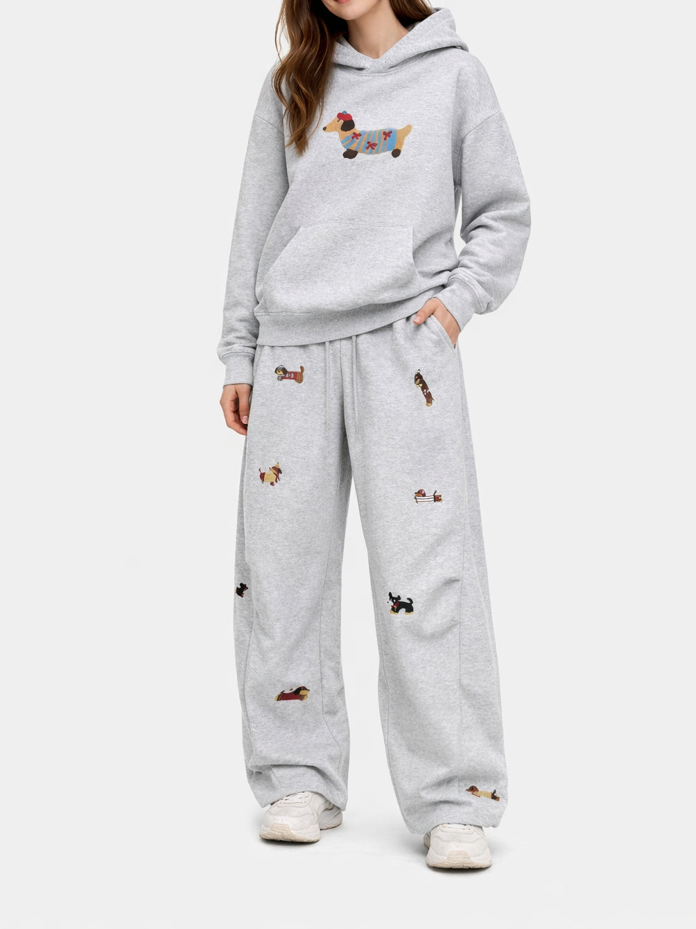 Embroidery Cartoon Dog Hooded Sweatshirt & Sweatpants