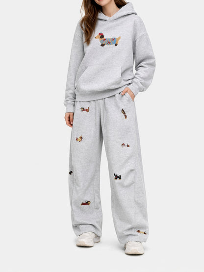 Embroidery Cartoon Dog Hooded Sweatshirt & Sweatpants