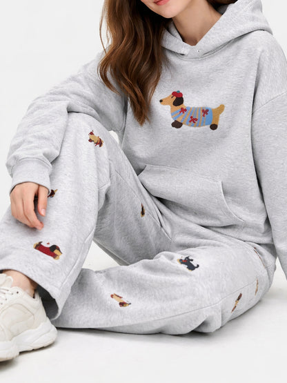 Embroidery Cartoon Dog Hooded Sweatshirt & Sweatpants