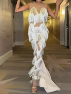Fringe Trim Lace Overlay Dress