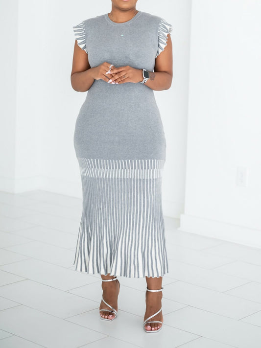 Knit Midi Dress With Contrast Pleated Skirt