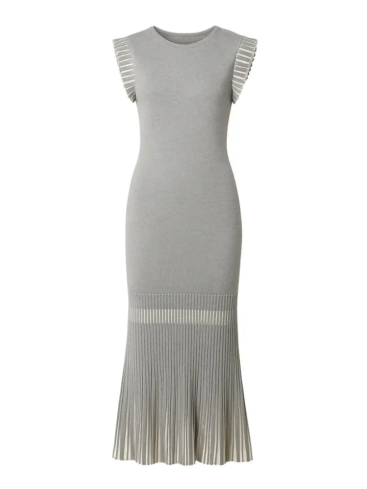 Knit Midi Dress With Contrast Pleated Skirt