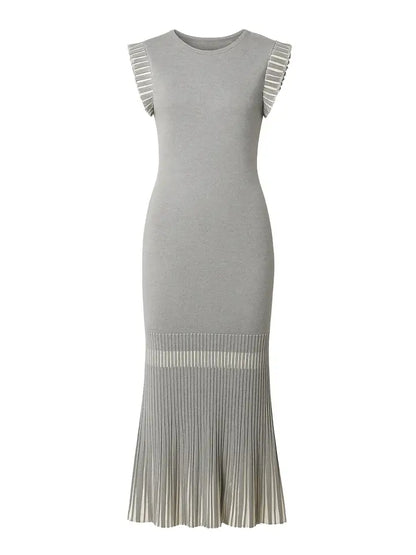 Knit Midi Dress With Contrast Pleated Skirt