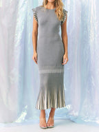 Knit Midi Dress With Contrast Pleated Skirt