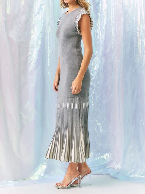 Knit Midi Dress With Contrast Pleated Skirt