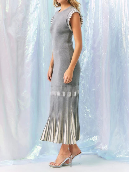 Knit Midi Dress With Contrast Pleated Skirt