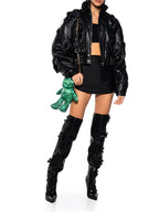 3D Floral Faux Leather Elastic Waistband Bomber