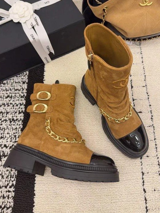 Suede And Patent Leather Chain-link Ankle Boots