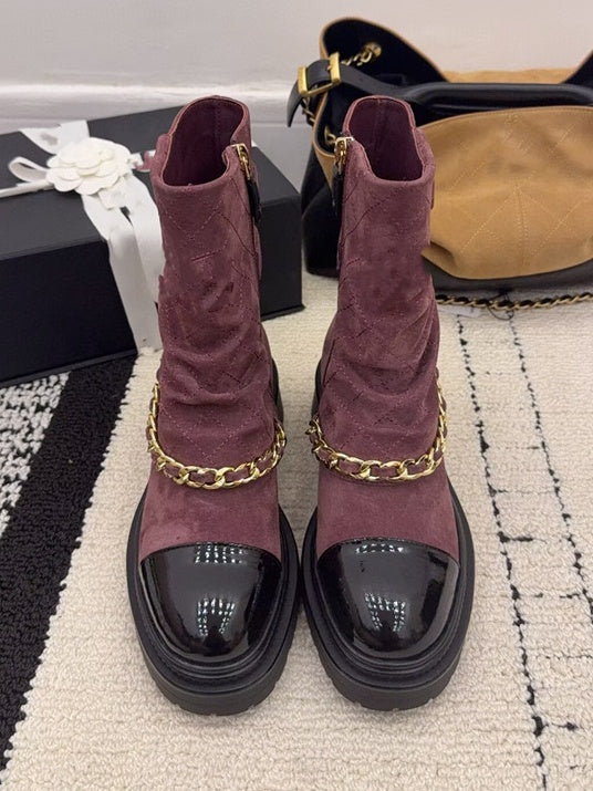 Suede And Patent Leather Chain-link Ankle Boots