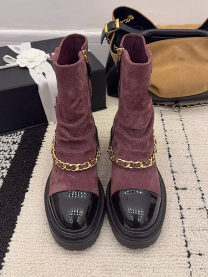 Suede And Patent Leather Chain-link Ankle Boots