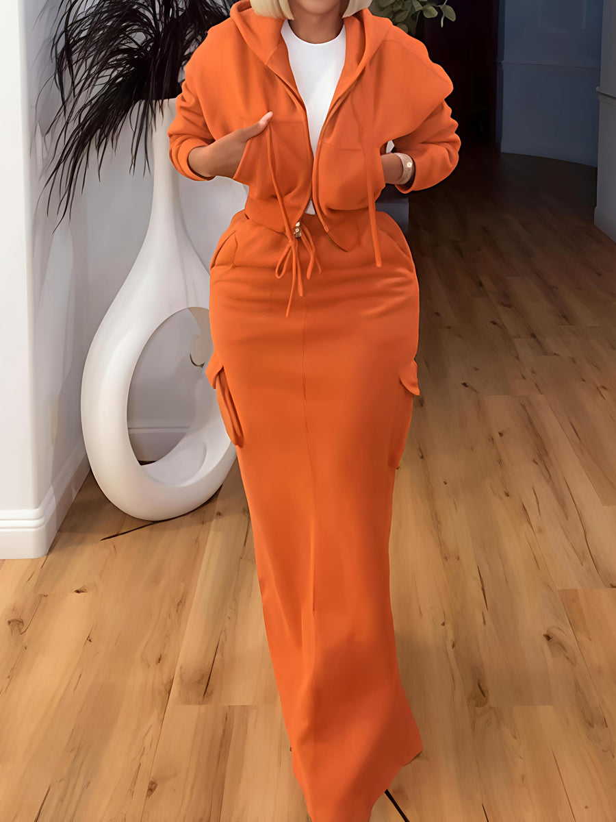 Cargo Hoodie And Skirt Suit