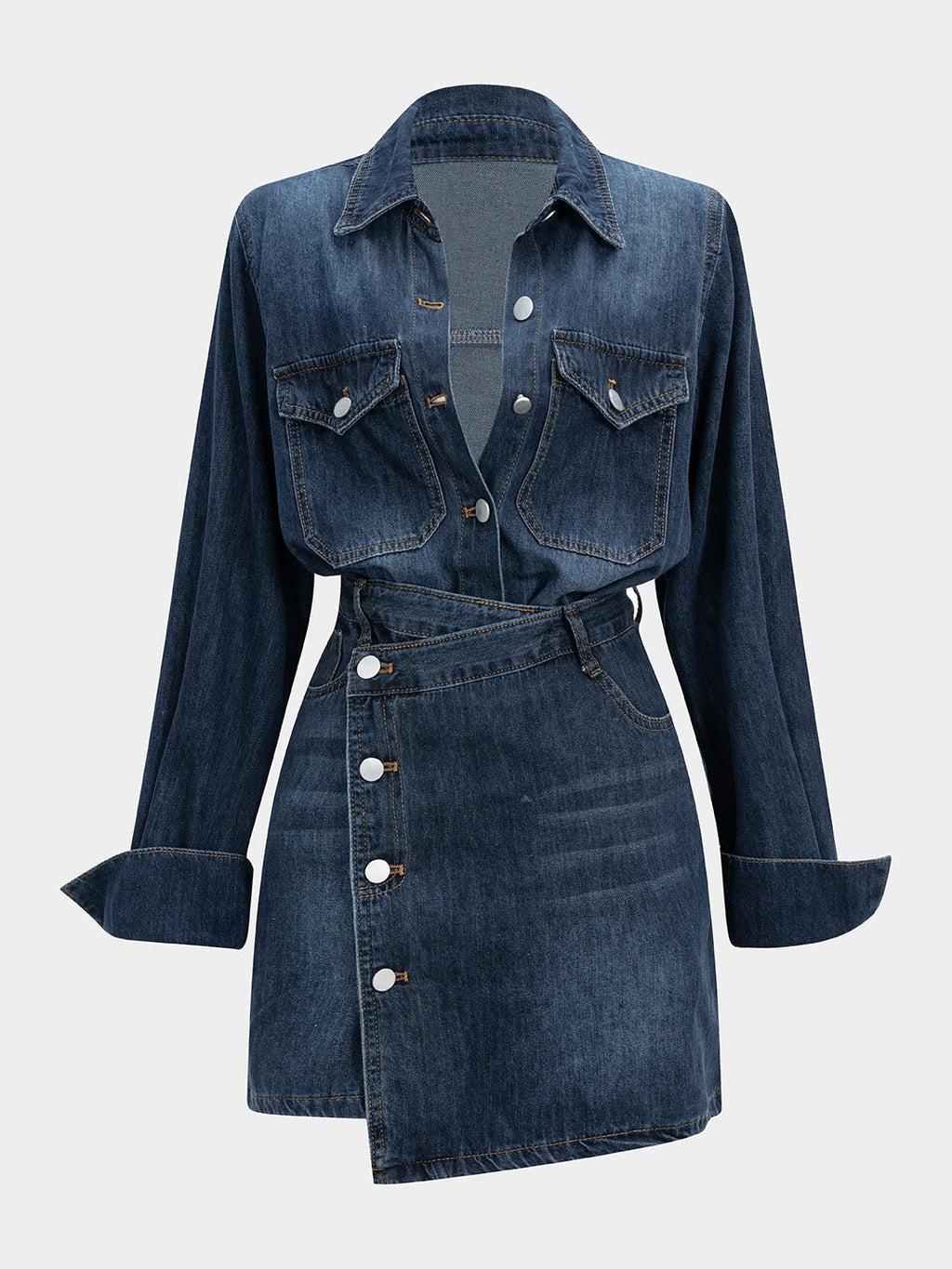 Denim Button Long-Sleeve Top And High Waist Mini Skirt Set