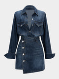 Denim Button Long-Sleeve Top And High Waist Mini Skirt Set