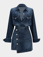Denim Button Long-Sleeve Top And High Waist Mini Skirt Set