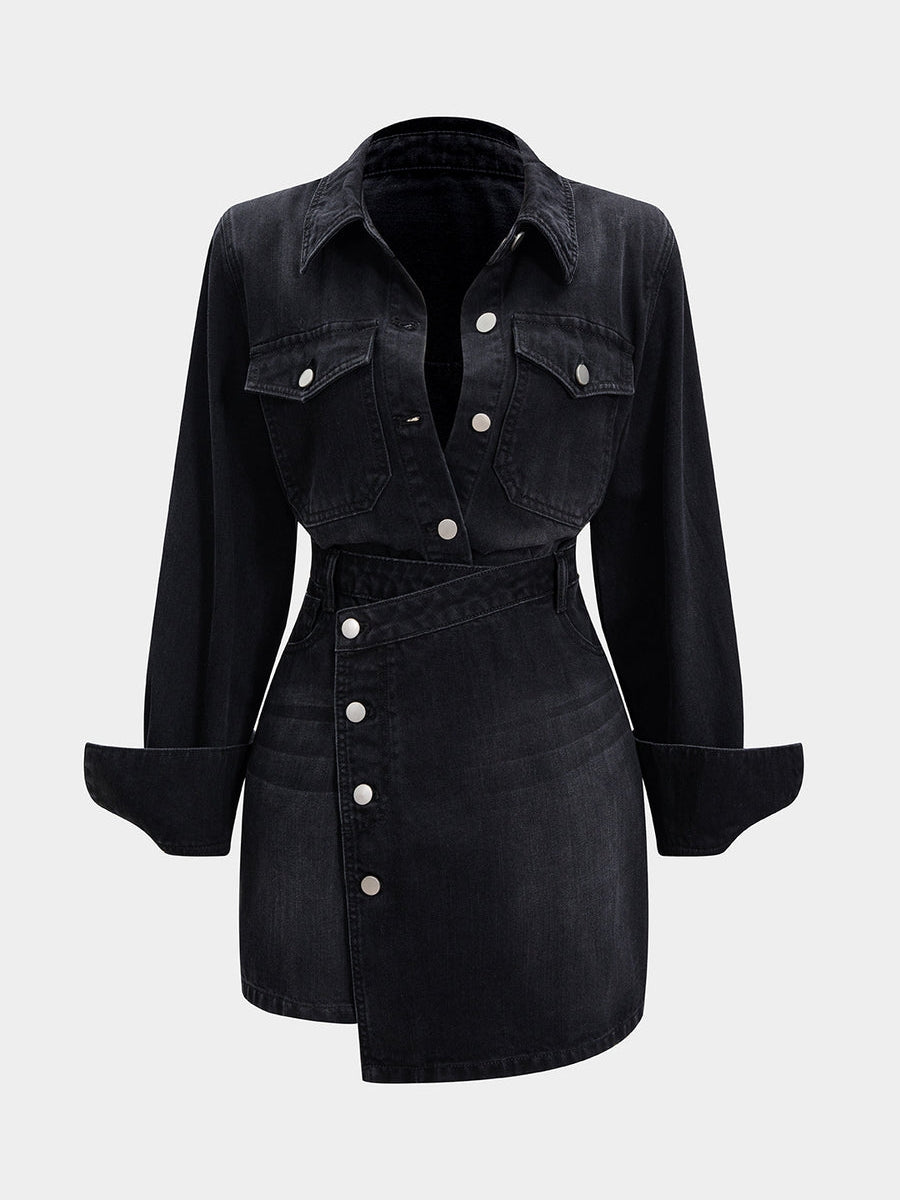 Denim Button Long-Sleeve Top And High Waist Mini Skirt Set