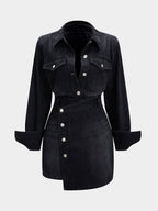 Denim Button Long-Sleeve Top And High Waist Mini Skirt Set