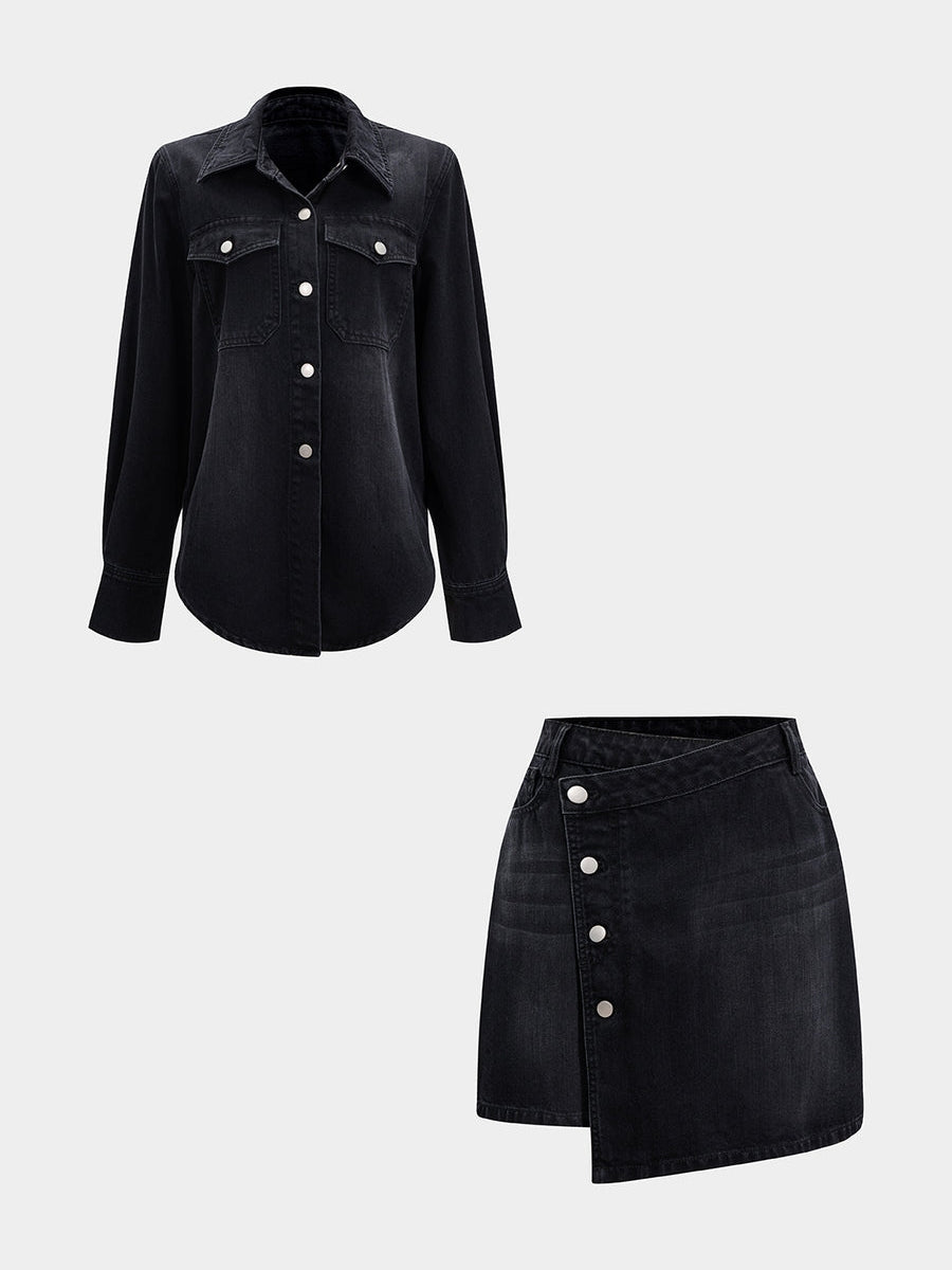Denim Button Long-Sleeve Top And High Waist Mini Skirt Set
