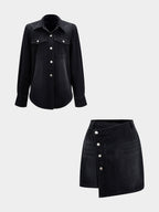 Denim Button Long-Sleeve Top And High Waist Mini Skirt Set