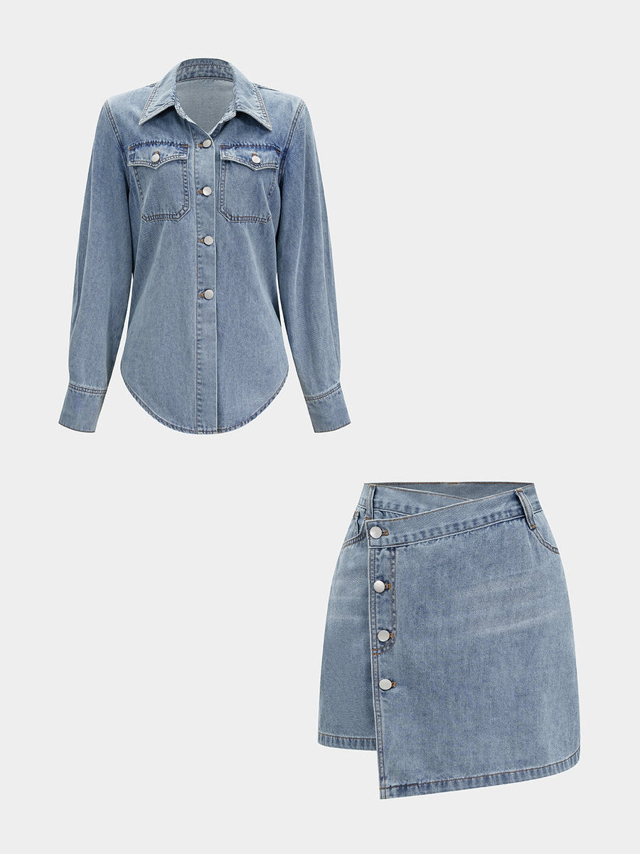 Denim Button Long-Sleeve Top And High Waist Mini Skirt Set