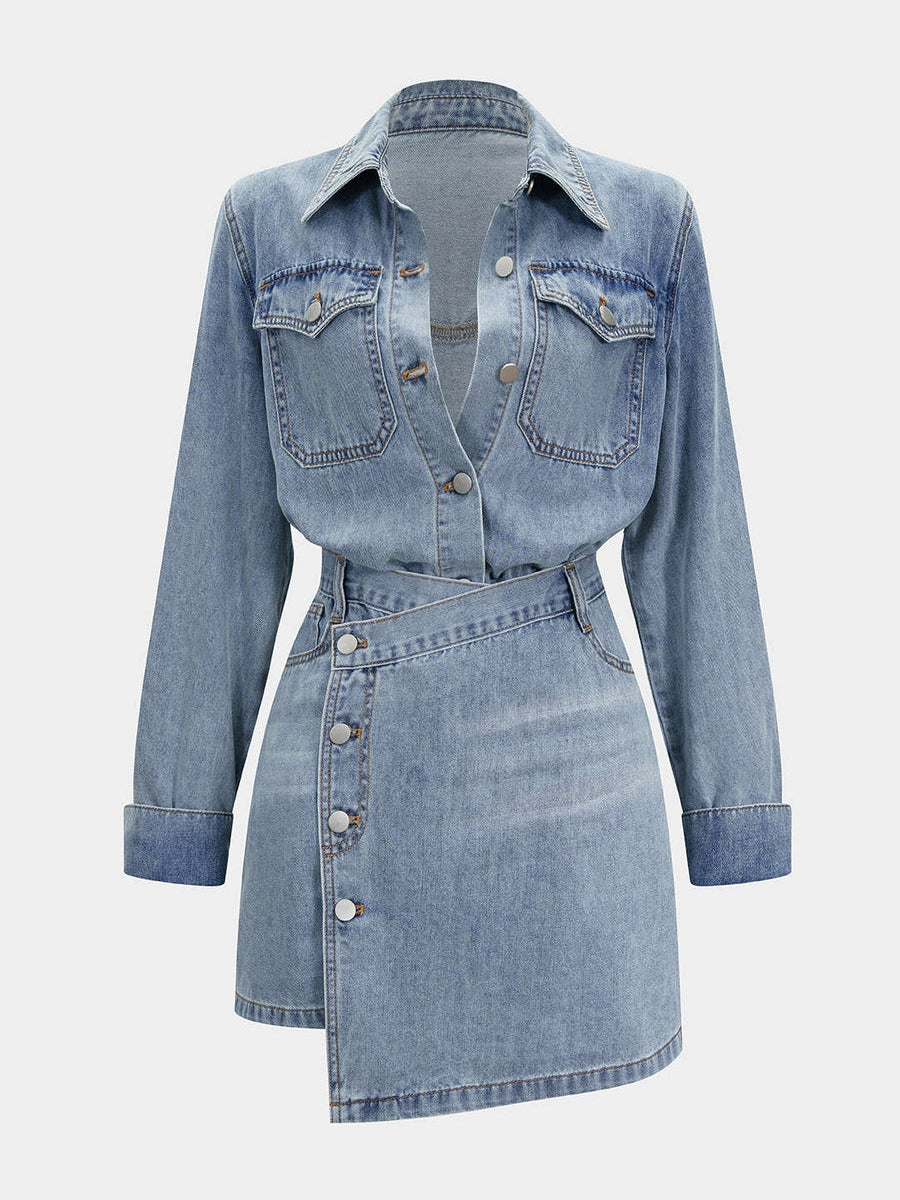 Denim Button Long-Sleeve Top And High Waist Mini Skirt Set