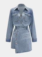 Denim Button Long-Sleeve Top And High Waist Mini Skirt Set